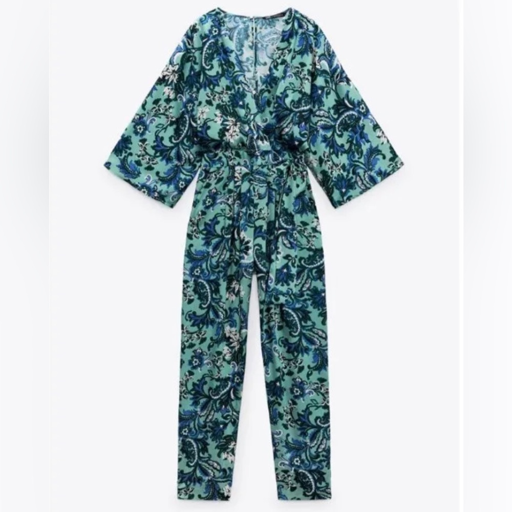 New Zara Womens Green Paisley Floral V-neck Dolman Sleeve  Jumpsuit